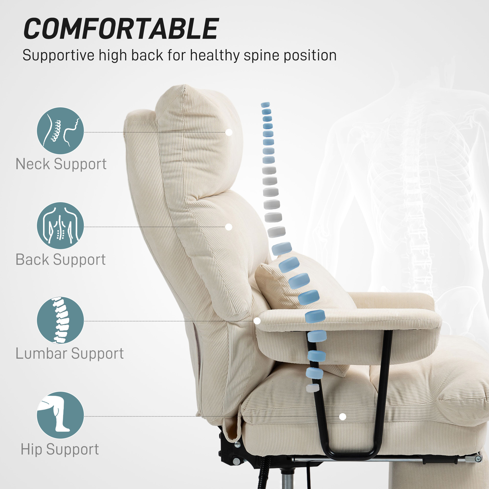 Executive Office Chair With Lumbar Support, Footrest, High Back Reclining Overstuffed Desk Chair With, Cream White - Image 2