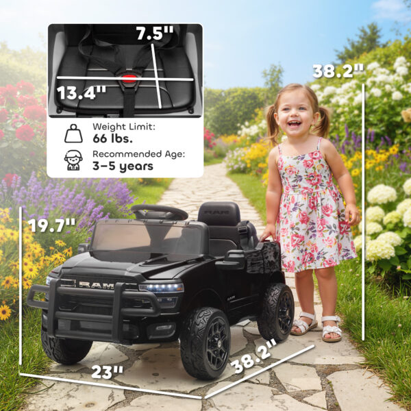 12V Kids Ride On Car, Licensed Dodge RAM 3500 Ride On Toys With Dual Motors, Remote Control For Toddlers, Black - Image 4
