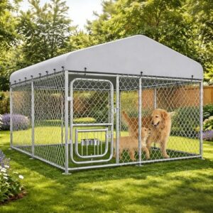 COMHOMA 7.5×7.5FT Outdoor Dog Kennel with Adjustable Bowls Feeder Heavy Duty Extra-Large Dog Enclosure with Roof & Lock All Weather Resistant for Medium Large Dogs : Pet Supplies