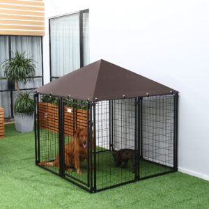4.6' X 4.6' X 5' Outdoor Dog Kennel, Welded Wire Heavy Duty Dog Run, Dog Kennel Outside With Waterproof & UV Resistant Cover, For S&M Dogs, Black