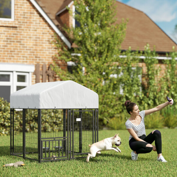 Welded Wire Outdoor Dog Kennel With 360 Rotating & 4 Levels Adjustable Bowls, Waterproof Cover, 3.9 X 3.9 X 4.5 - Image 3