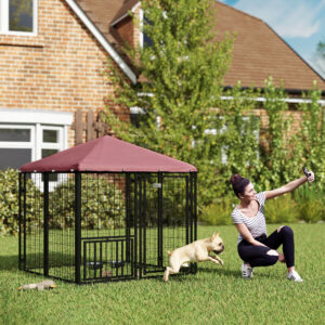 Welded Wire Outdoor Dog Kennel With 360° Rotating & 4 Levels Adjustable Bowls, Waterproof Cover, 4.6' X 4.6' X 5'
