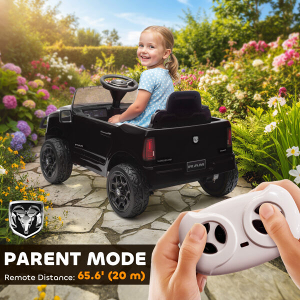 12V Kids Ride On Car, Licensed Dodge RAM 3500 Ride On Toys With Dual Motors, Remote Control For Toddlers, Black - Image 2