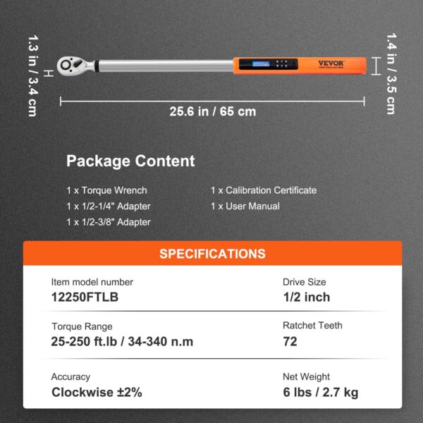 Digital Torque Wrench, Drive Electronic Torque Wrench, Torque Wrench Kit 25-250ft.lb 34-340n.m , 3-Mode Adjustable Torque Wrench Set With LED Buzzer Calibration - Image 7