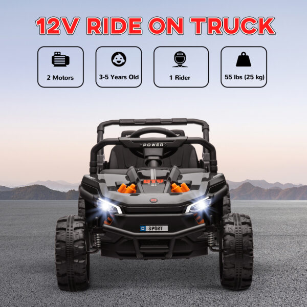 12V Ride On Truck, Battery Powered Electric Car For Kids W/ Remote Control, 4-Wheel Suspension & LED Lights, Black - Image 3