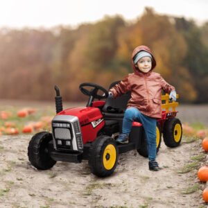 12V Electric Ride On Tractor With Trailer, 25W Dual Motors, Red