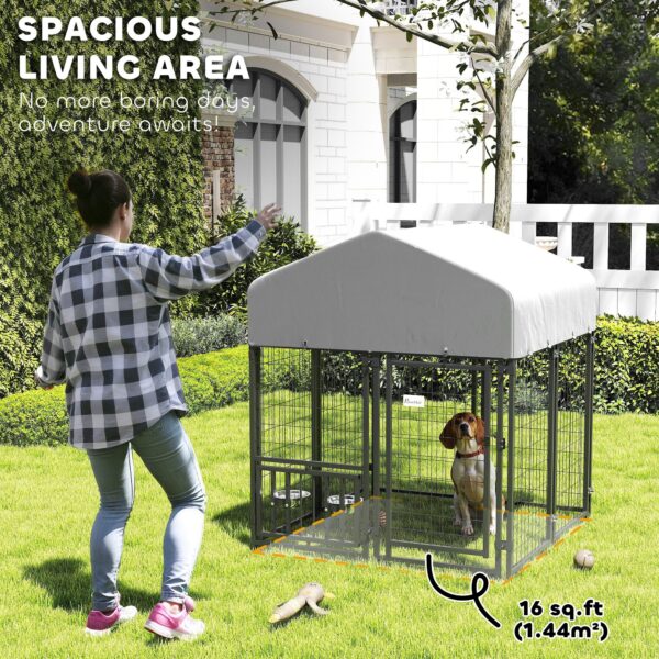 Welded Wire Outdoor Dog Kennel With 360 Rotating & 4 Levels Adjustable Bowls, Waterproof Cover, 3.9 X 3.9 X 4.5 - Image 2