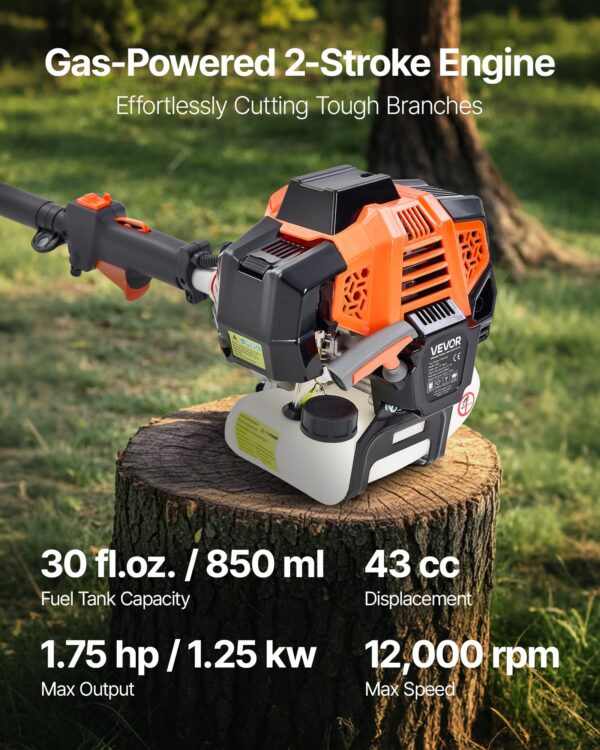 Gas Powered Pole Saw Tree Trimmer Rotatable Head 43CC 2-Stroke 10 In Cutting Bar - Image 4