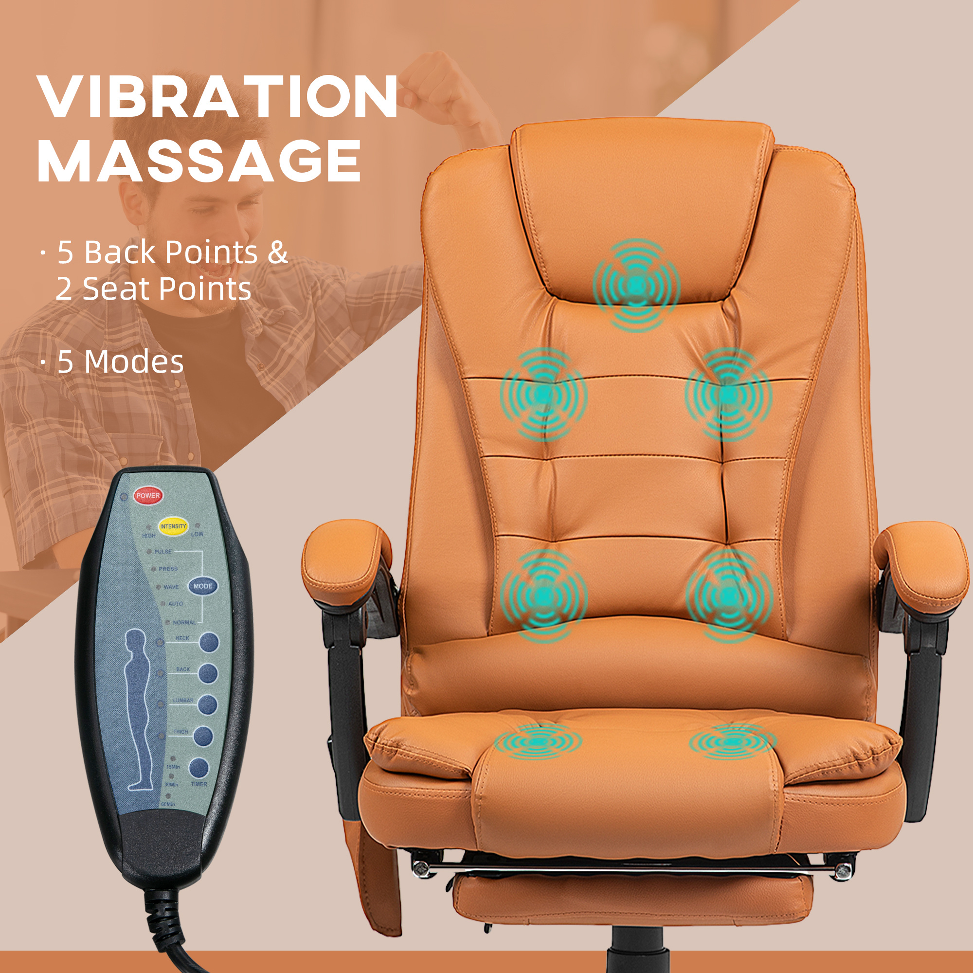 7-Point Vibrating Massage Office Chair High Back Massaging Office Desk Chair With Lumbar Support, Footrest, Light Brown - Image 2