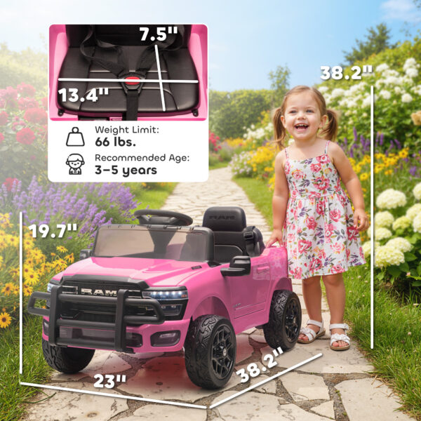 12V Kids Ride On Car, Licensed Dodge RAM 3500 Ride On Toys With Dual Motors, Remote Control For Toddlers, Pink - Image 3