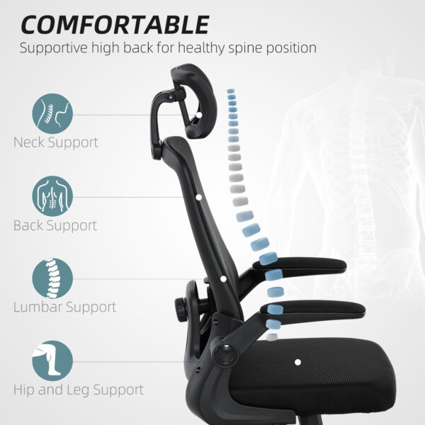 Mesh Office Chair, Ergonomic Desk Chair With Flip-up Armrest, Rotatable Headrest, Adjustable Lumbar Support, Black - Image 5