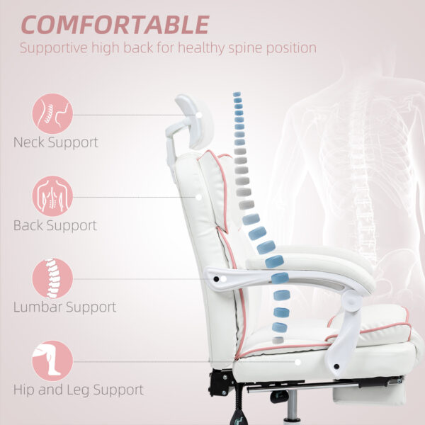 PU Leather Office Chair, Executive Desk Chair With Headrest, Foot Rest, Swivel Wheels, Reclining Computer Chair, White - Image 2