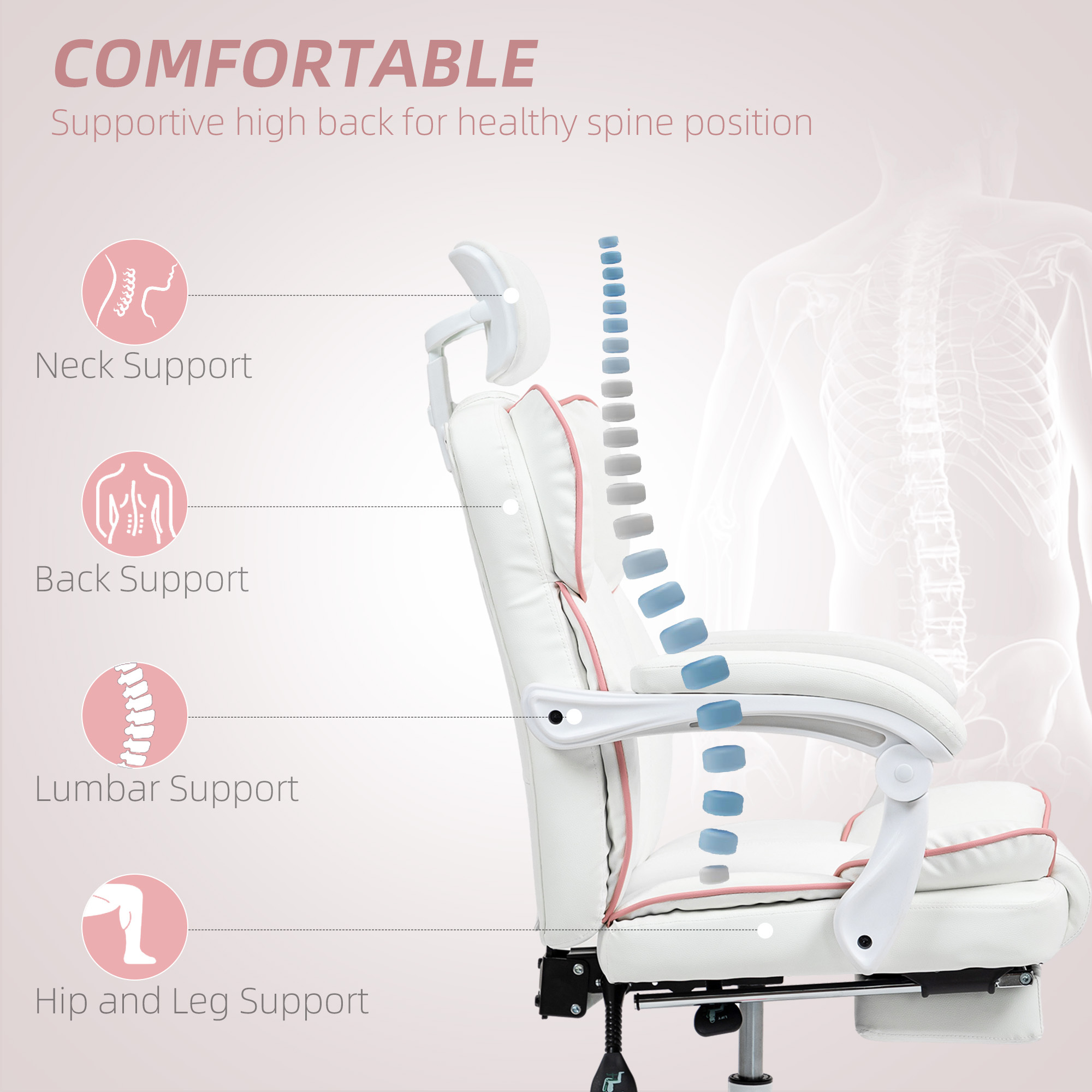 PU Leather Office Chair, Executive Desk Chair With Headrest, Foot Rest, Swivel Wheels, Reclining Computer Chair, White - Image 2