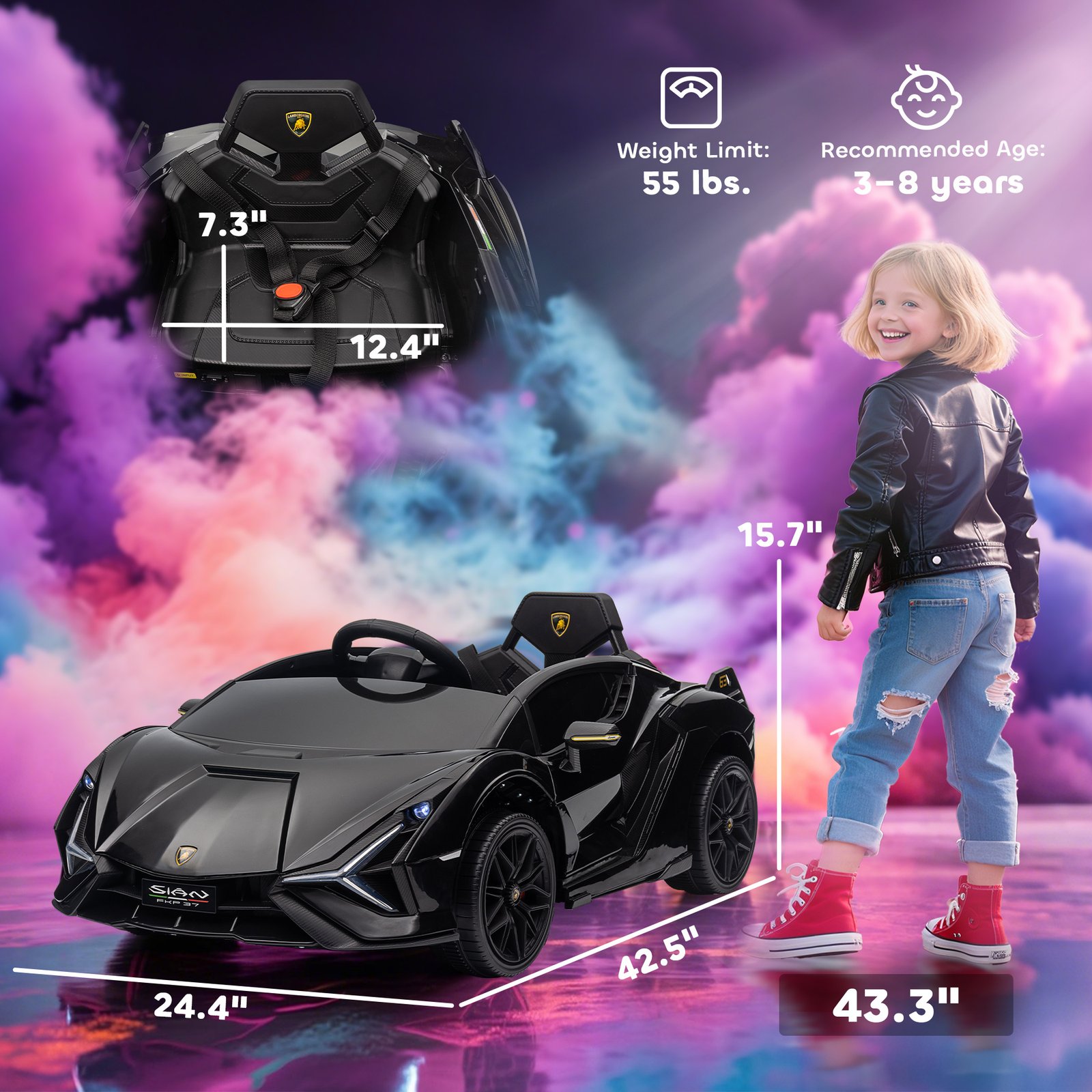 12V Lamborghini SIAN Licensed Electric Car For Kids With Remote Control, Horn, Music, & Headlights, Black - Image 2