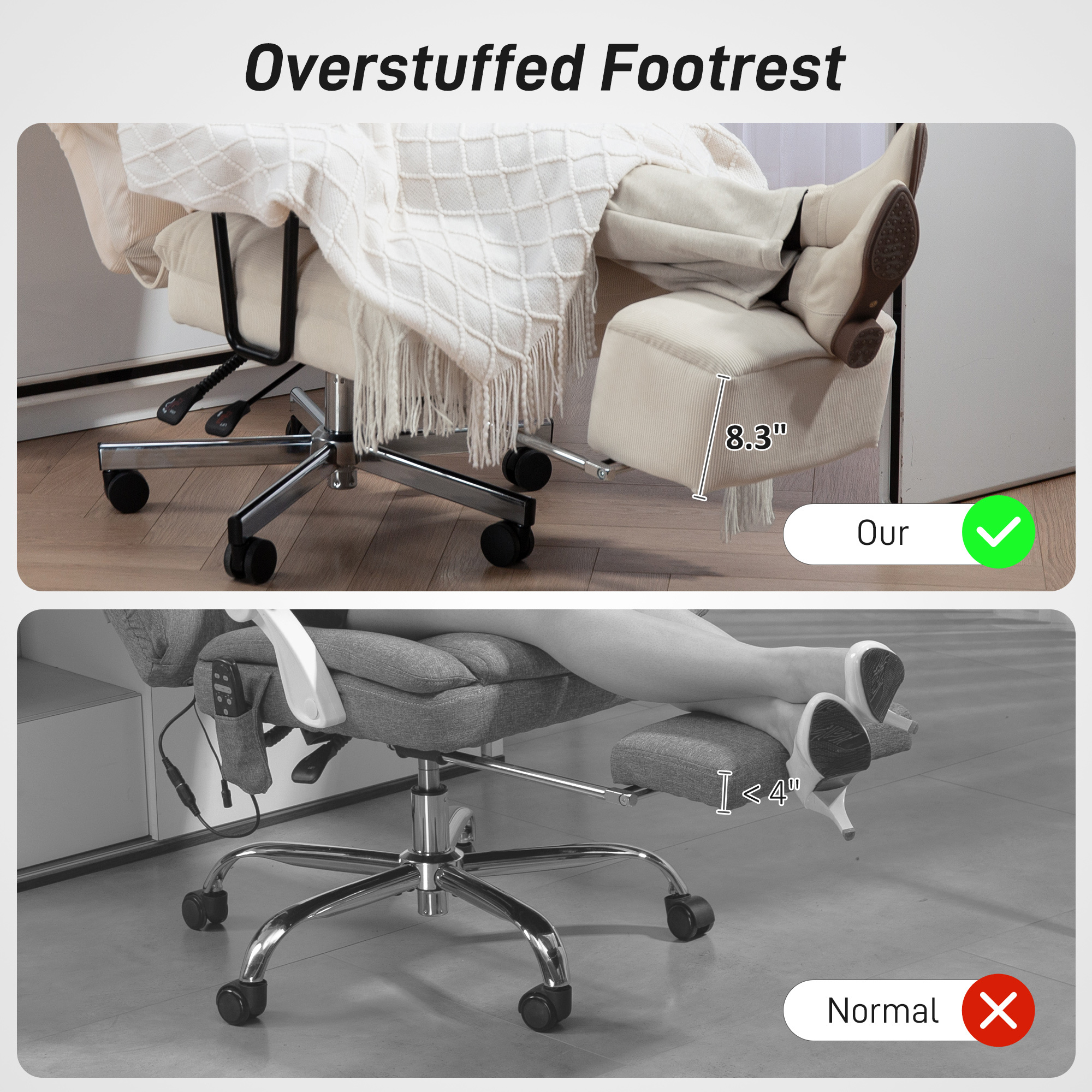 Executive Office Chair With Lumbar Support, Footrest, High Back Reclining Overstuffed Desk Chair With, Cream White - Image 3