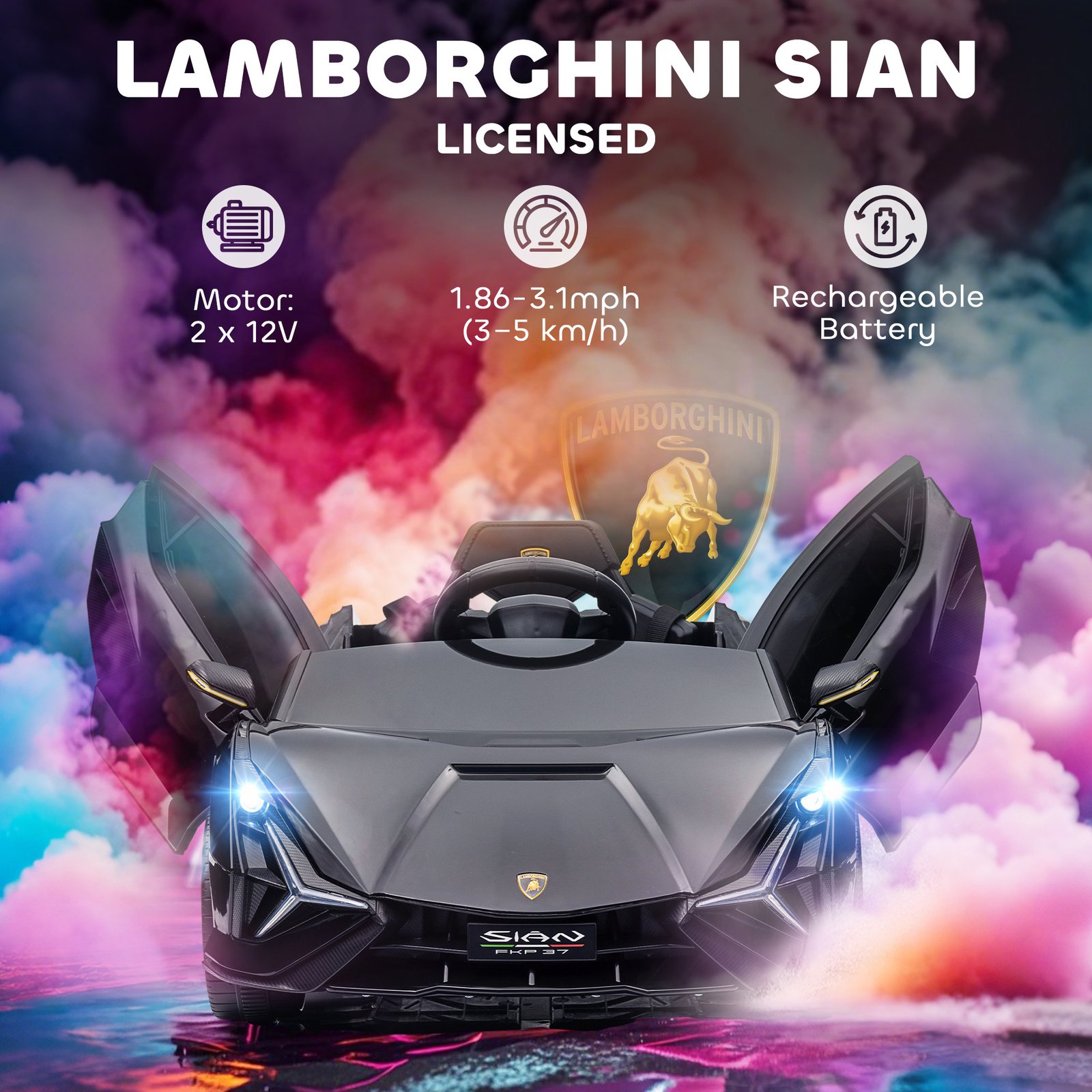 12V Lamborghini SIAN Licensed Electric Car For Kids With Remote Control, Horn, Music, & Headlights, Black - Image 4