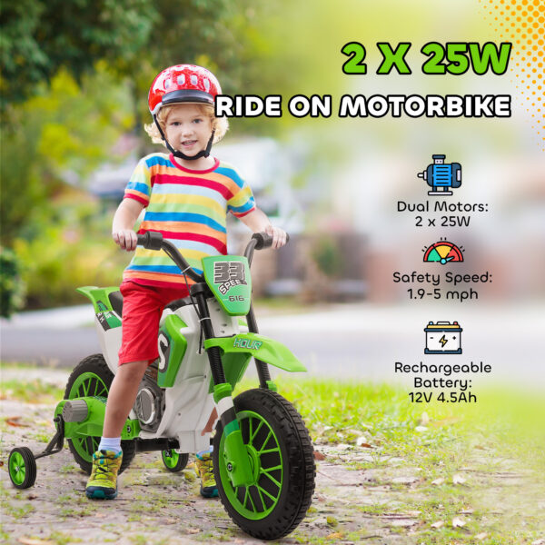 12V Kids Motorcycle W/ Treaded Tires, 5mph Top Speed Electric Bike For Kids, Ride On Motorcycle W/ Training Wheels, Battery Charger, Spring Suspension, Green - Image 4