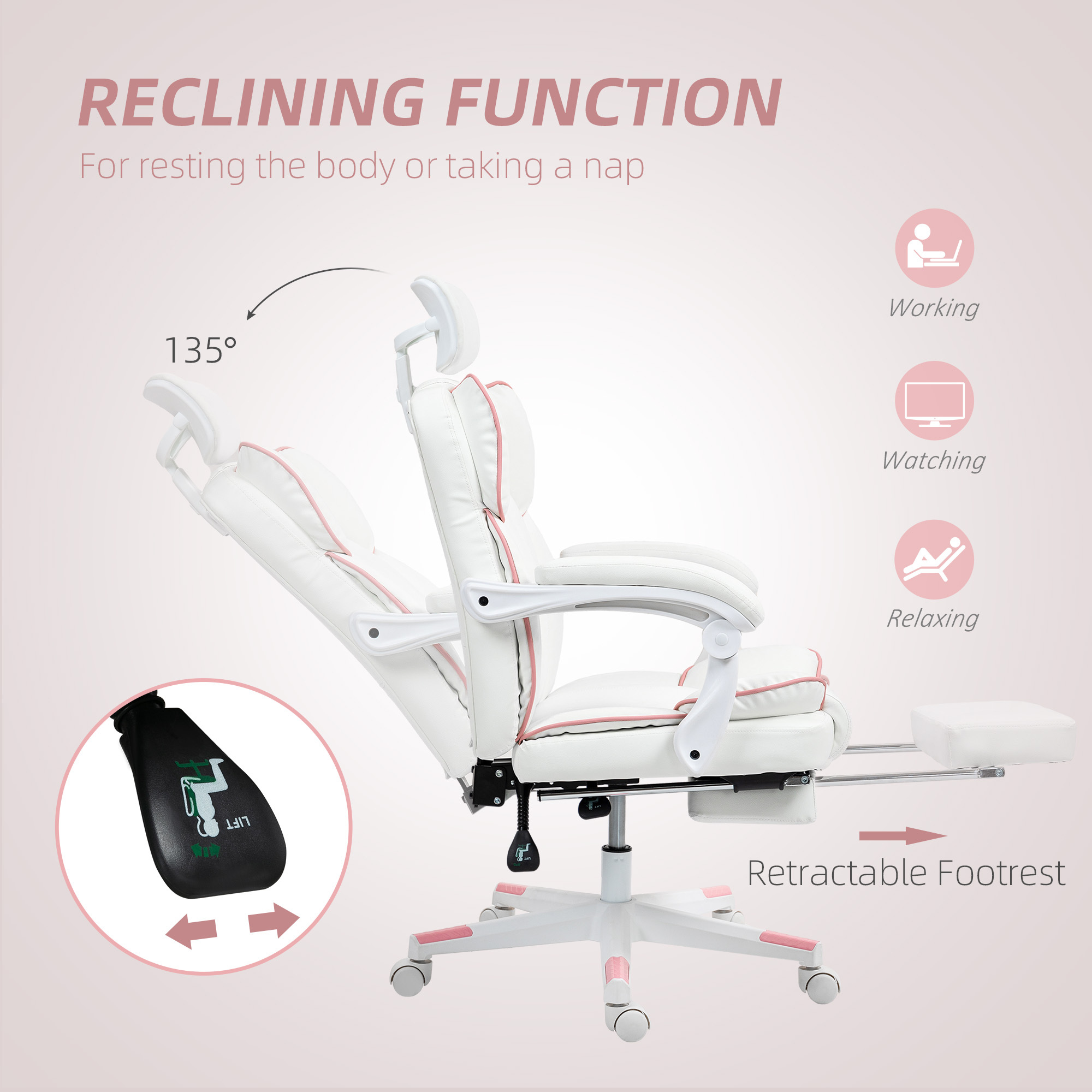 PU Leather Office Chair, Executive Desk Chair With Headrest, Foot Rest, Swivel Wheels, Reclining Computer Chair, White - Image 6