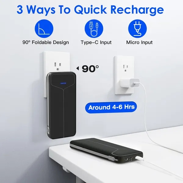 10000mAh Power Bank Portable Charger With US Plug 2 Built-in Cables External Battery Pack With 4 Ouputs 3 Inputs Fit For IOS Phone 14 Android And More - Image 5