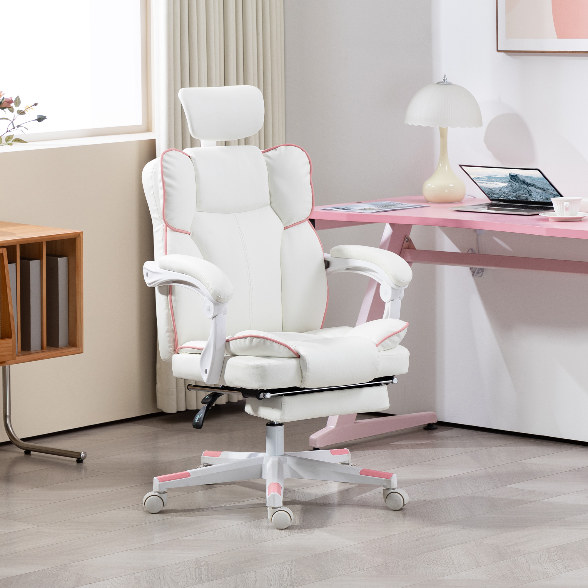 PU Leather Office Chair, Executive Desk Chair With Headrest, Foot Rest, Swivel Wheels, Reclining Computer Chair, White - Image 3