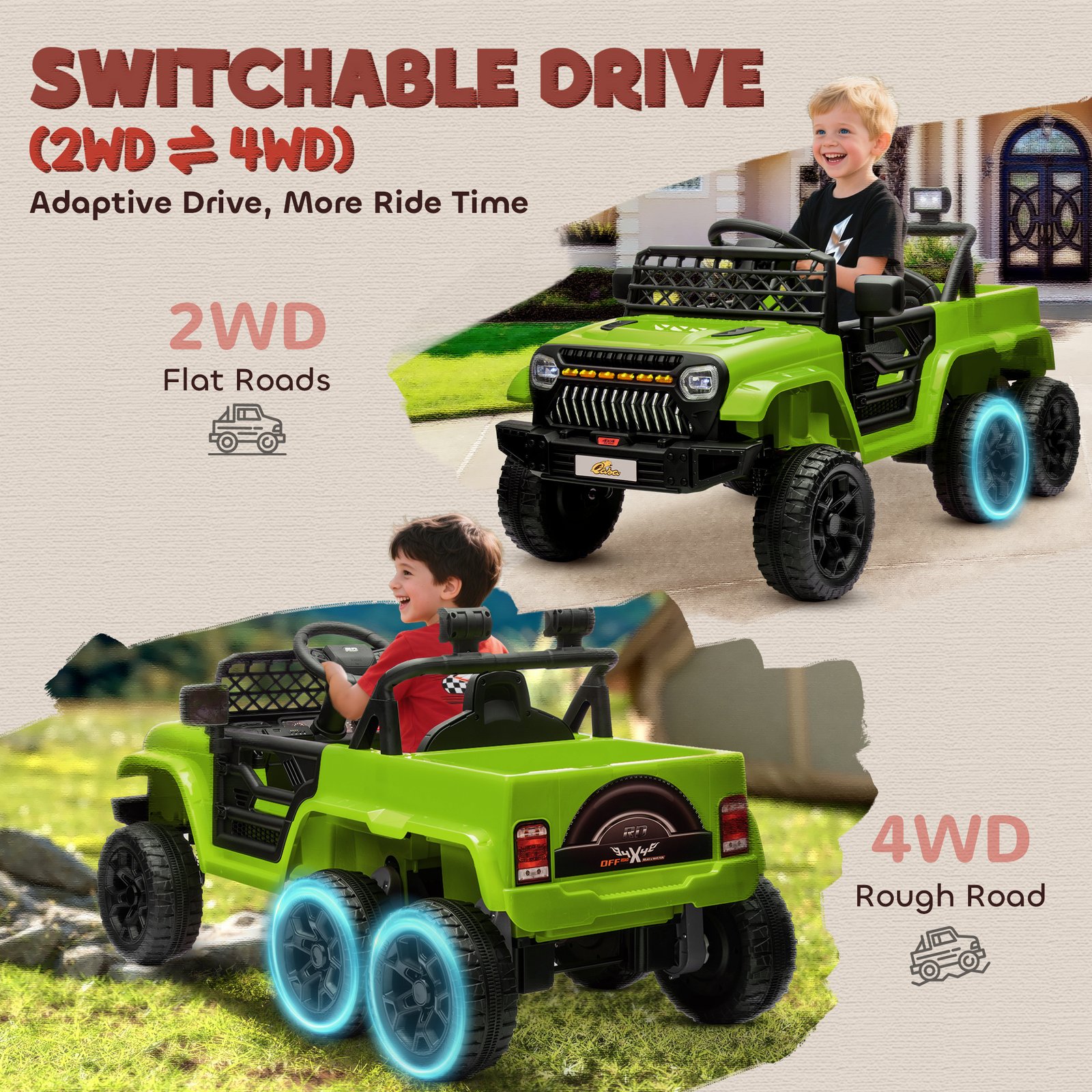 12V 4x4 Kids Electric Car W/ 2WD/4WD Switchable, Remote Control, Spring Suspension System, Back Trailer, Camouflage - Image 4