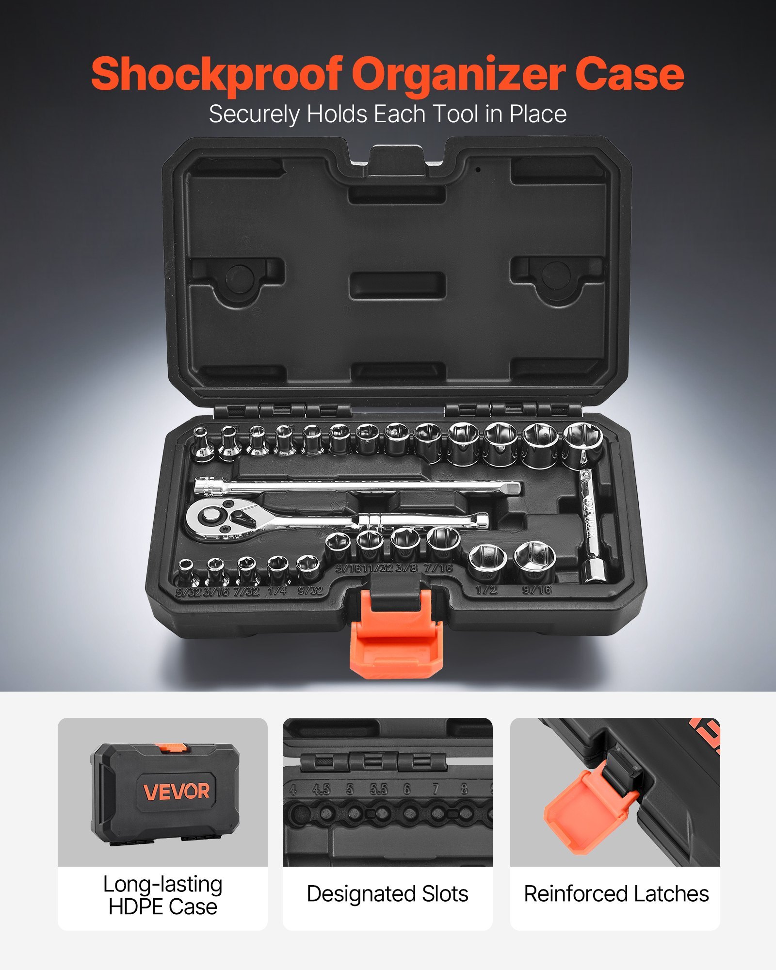 Socket Set, 27 Pieces, 1/4 Inch Drive Socket And Ratchet Set, SAE And Metric, Mechanic Tool Kit With Ratchet Wrench, Extension Bar And Storage Case, CR-V Alloy Steel, For Automotive Repair - Image 4