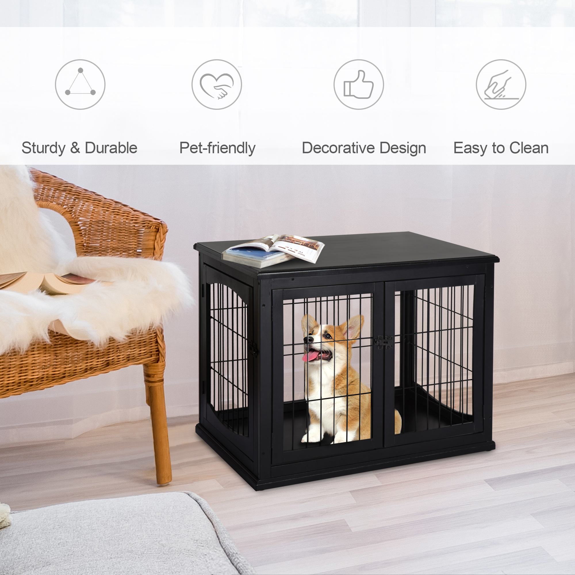 Dog Crate Furniture, 32" Small Dog Cage End Table With 2 Doors, Lockable Door, Puppy Kennel Indoor, Black - Image 3