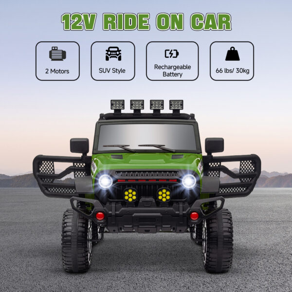 12V Battery Powered Ride On Car, Ride On Truck W/ Remote, 4 Suspension Wheels, Music Horn Lights, Green - Image 3