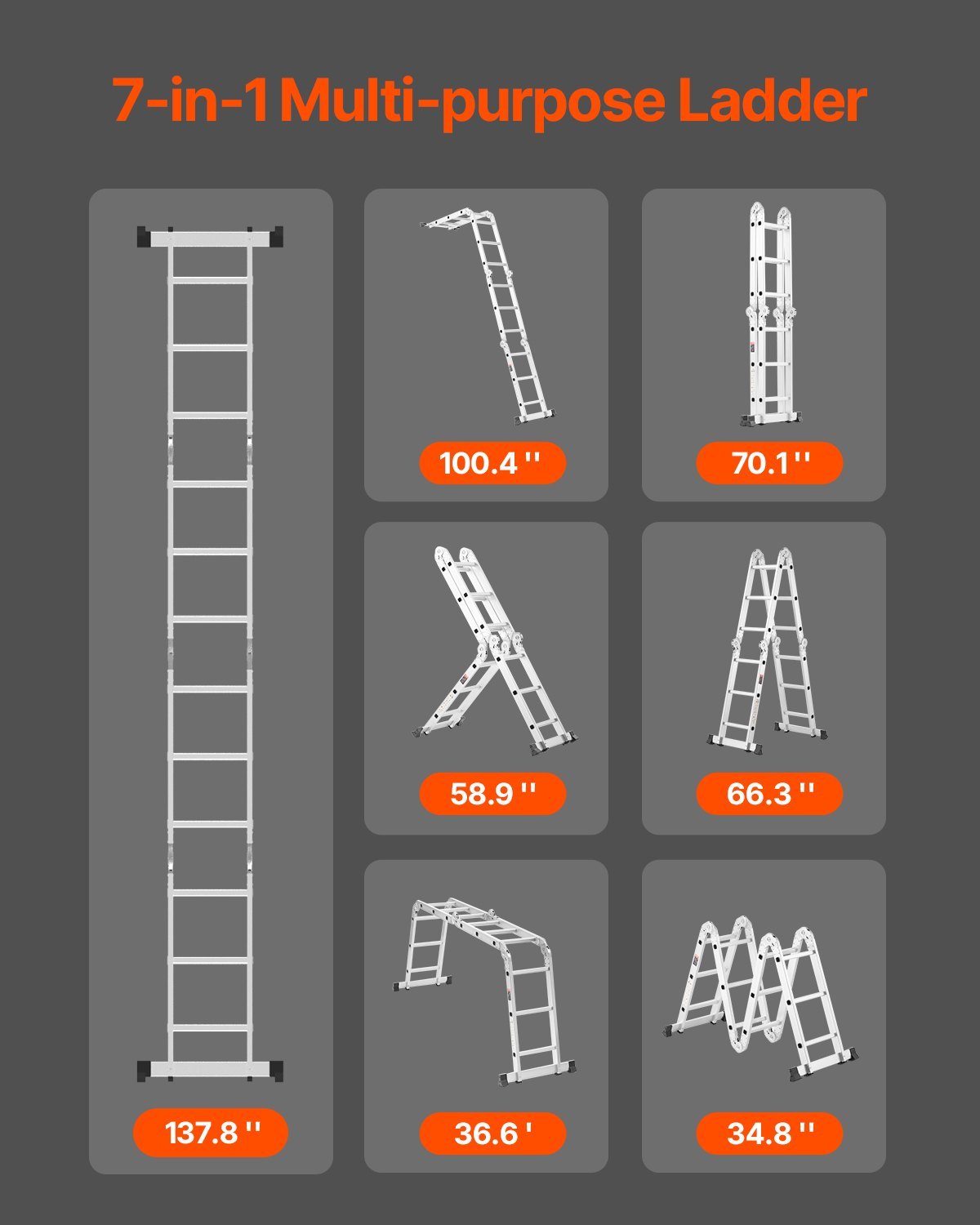 Multi-Purpose Folding Ladder, 7-in-1 Tall Step Ladder, A Frame 3 Step Adjustable Telescoping Ladder, 12ft Reach Height Heavy Duty Extension Ladder, 330 Lbs Capacity For Household Outdoor Work - Image 4