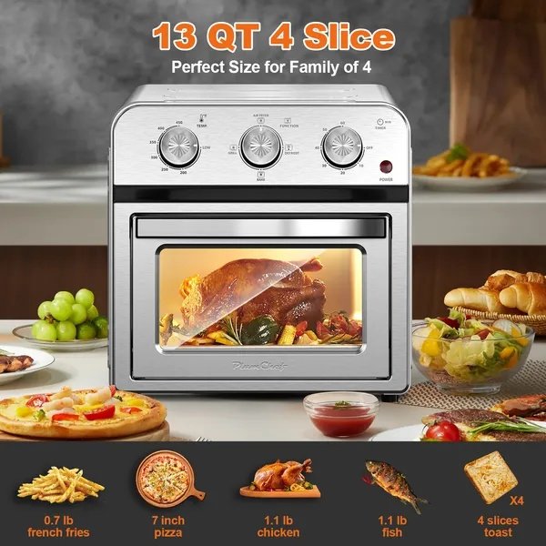 Family Size Air Fryer Toaster Oven Combo, 13QT, 360° Hot Air Circulation For Healthy Oil-Free Cooking, Multifunctional Convection Contertop Oven, Adjustable Time & Temp Control, Stainless Steel - Image 3