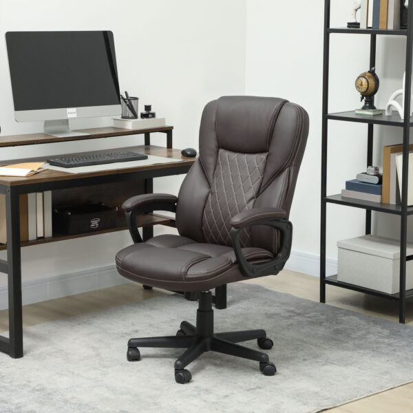 High Back Ergonomic Office Chair, PU Leather Executive Desk Chair With Adjustable Height And Swivel Wheels, Brown - Image 2