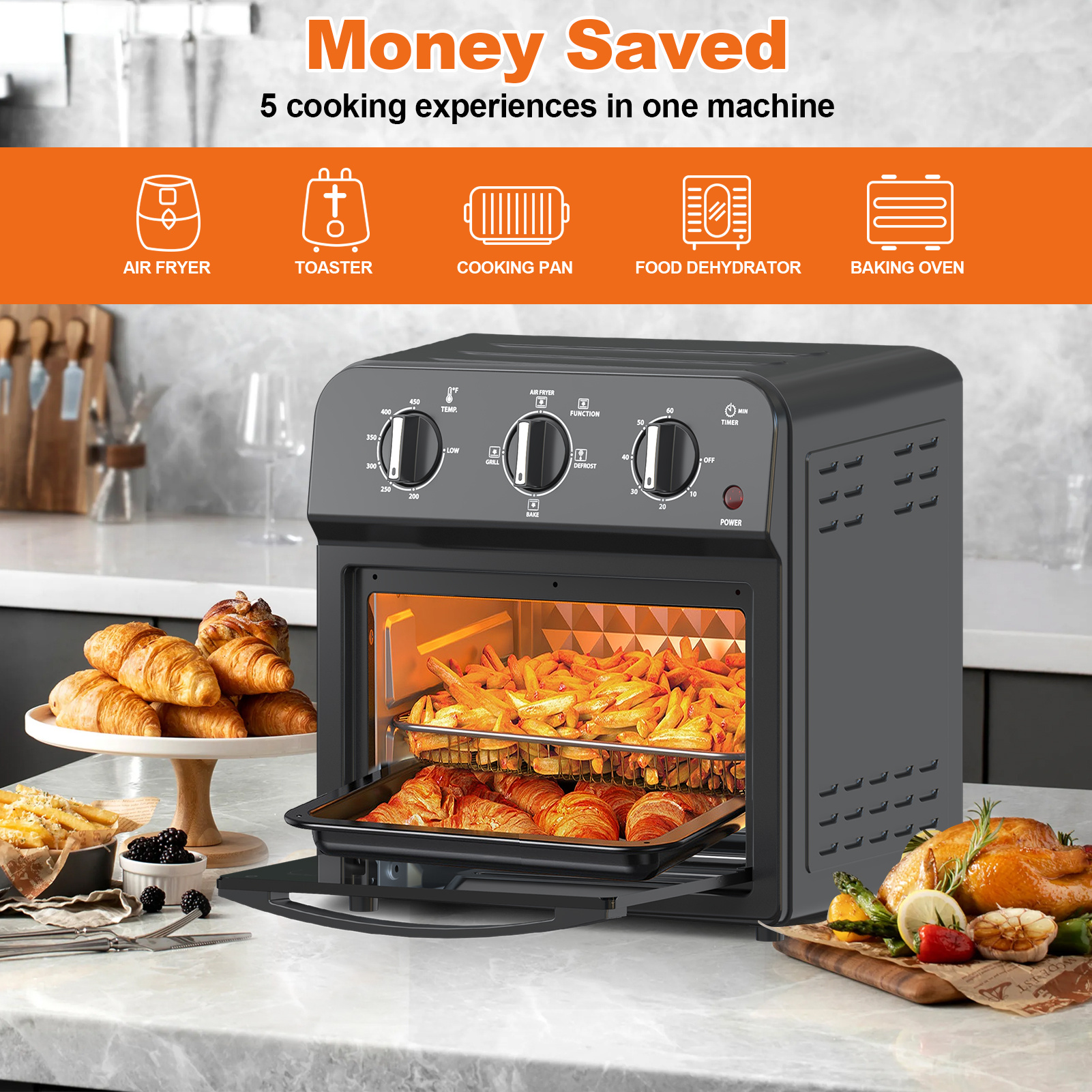 Family Size Air Fryer Toaster Oven Combo,13QT,Hot Air Circulation For Healthy Oil-Free Cooking, Multifunctional Convection Contertop Oven, Adjustable Time & Temp Control, Amazon Resale Prohibited - Image 8