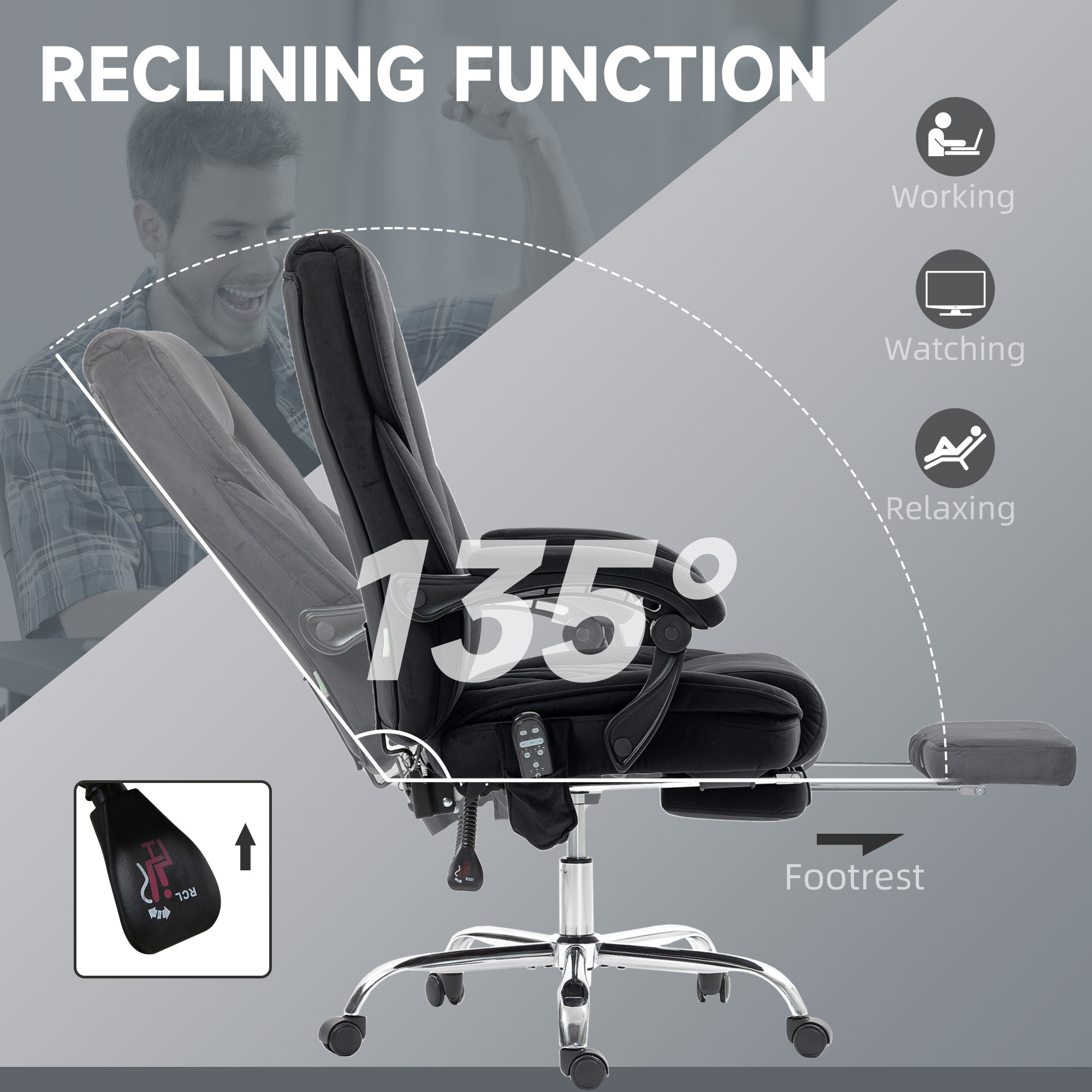 Massage Office Chair, Heated Reclining Computer Chair With Adjustable Height And Footrest, Black - Image 4