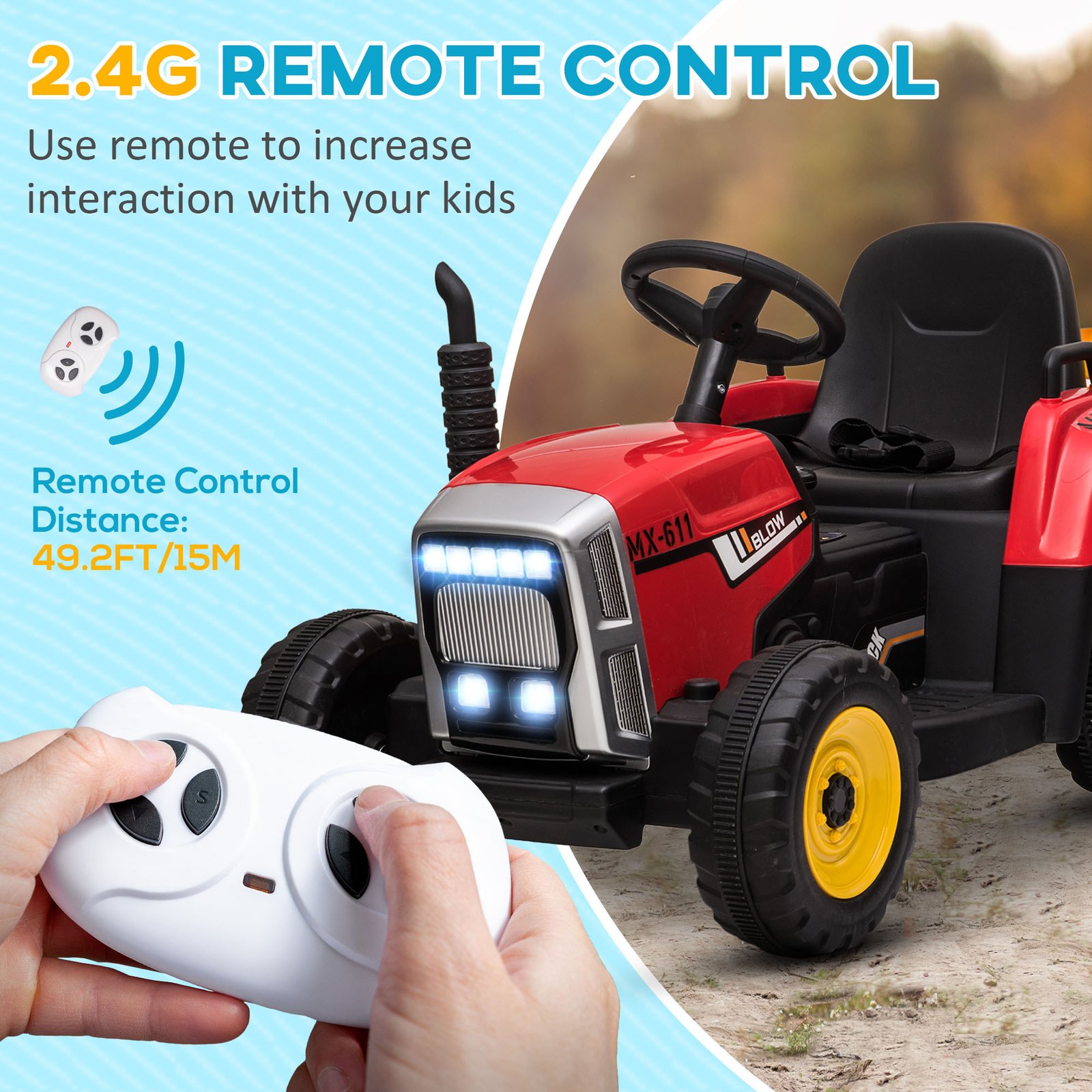 12V Electric Ride On Tractor With Trailer, 25W Dual Motors, Red - Image 4