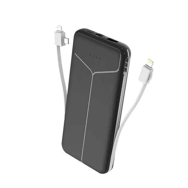 10000mAh Power Bank Portable Charger With US Plug 2 Built-in Cables External Battery Pack With 4 Ouputs 3 Inputs Fit For IOS Phone 14 Android And More