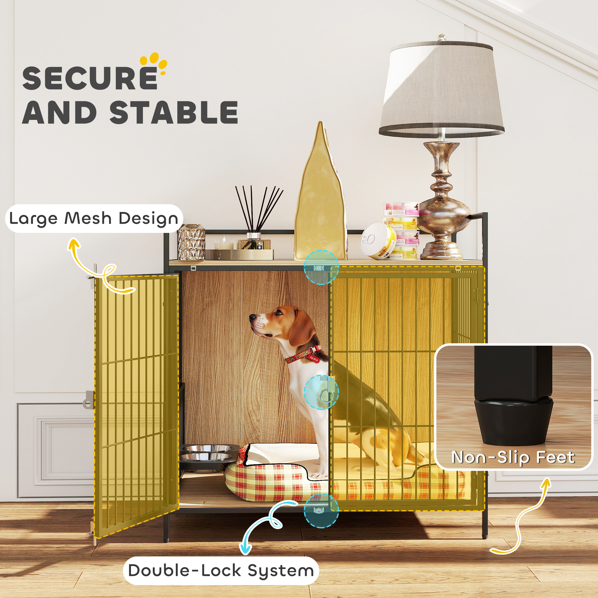 30 Inch Dog Crate Furniture, Indoor Pet Kennel Side Table With Rotatable Bowls, 2 Anti-Escape Doors, For M Dogs, Oak - Image 4