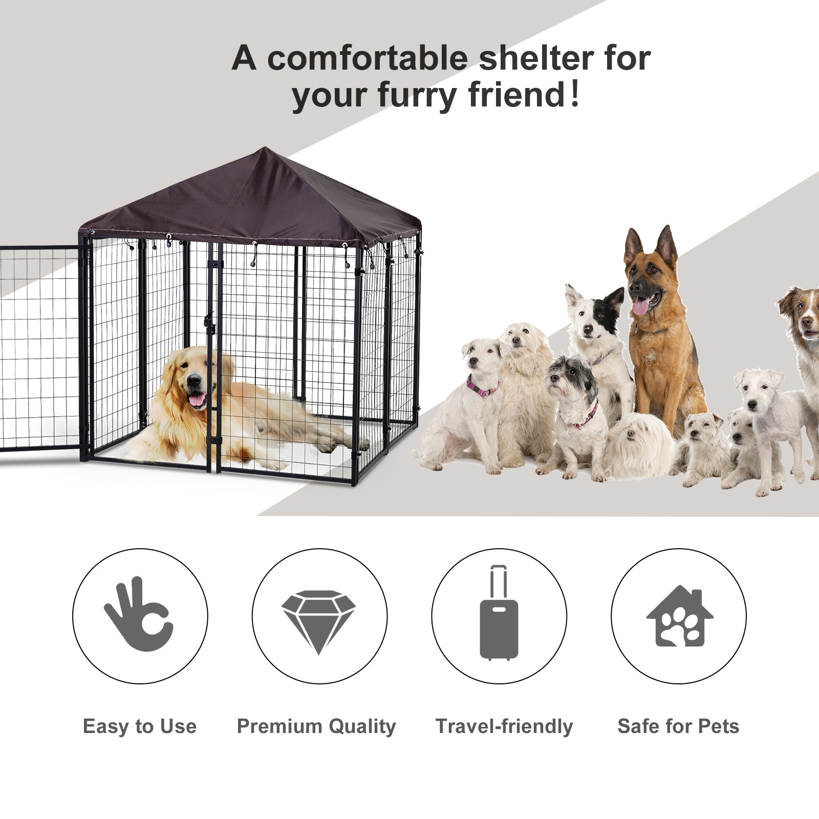 4.6' X 4.6' X 5' Outdoor Dog Kennel, Welded Wire Heavy Duty Dog Run, Dog Kennel Outside With Waterproof & UV Resistant Cover, For S&M Dogs, Black - Image 4