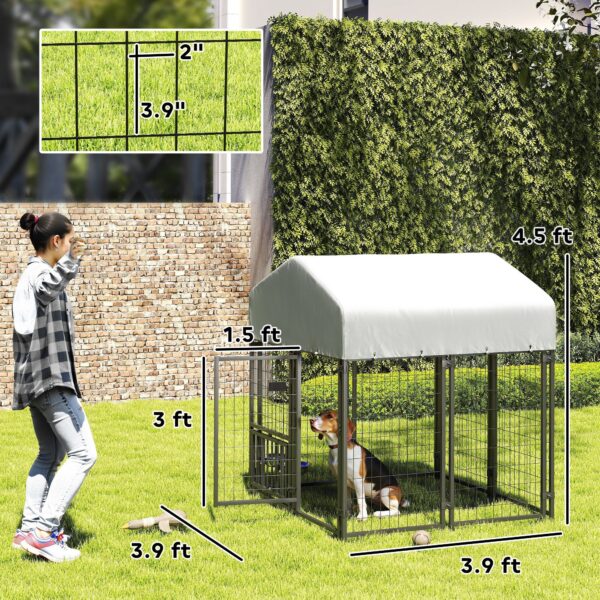 Welded Wire Outdoor Dog Kennel With 360 Rotating & 4 Levels Adjustable Bowls, Waterproof Cover, 3.9 X 3.9 X 4.5 - Image 6