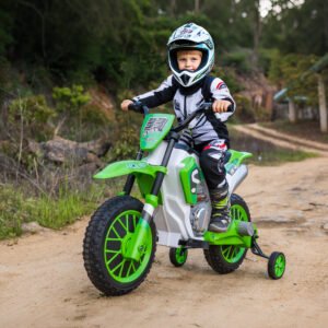 12V Kids Motorcycle W/ Treaded Tires, 5mph Top Speed Electric Bike For Kids, Ride On Motorcycle W/ Training Wheels, Battery Charger, Spring Suspension, Green