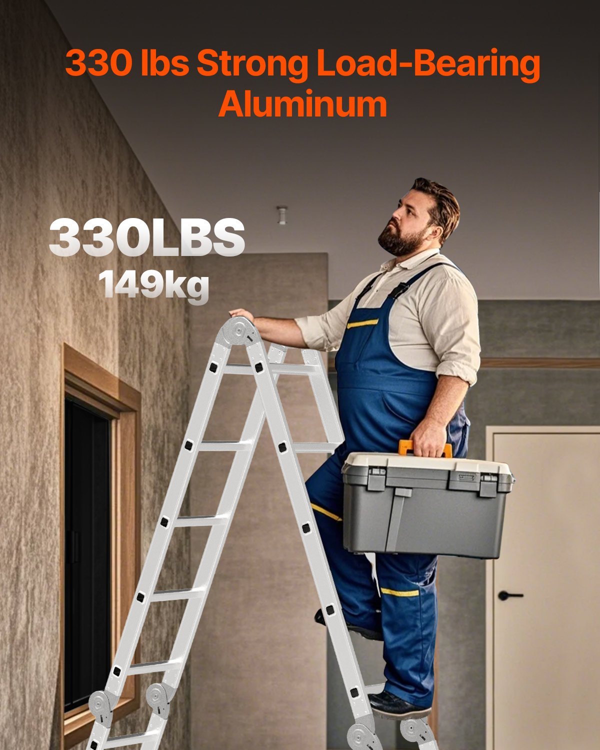 Multi-Purpose Folding Ladder, 7-in-1 Tall Step Ladder, A Frame 3 Step Adjustable Telescoping Ladder, 12ft Reach Height Heavy Duty Extension Ladder, 330 Lbs Capacity For Household Outdoor Work - Image 3