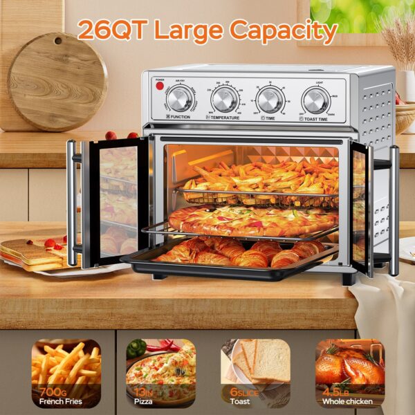 29.5 QT Air Fryer Convection Toaster Oven, French Door, 6 Slices, 1700W, Multifunction Oven, Air Fryer, Toast, Grill, Defrost, Bake, Time And Temperature Controls, Silver, Amazon Resale Prohibited - Image 9