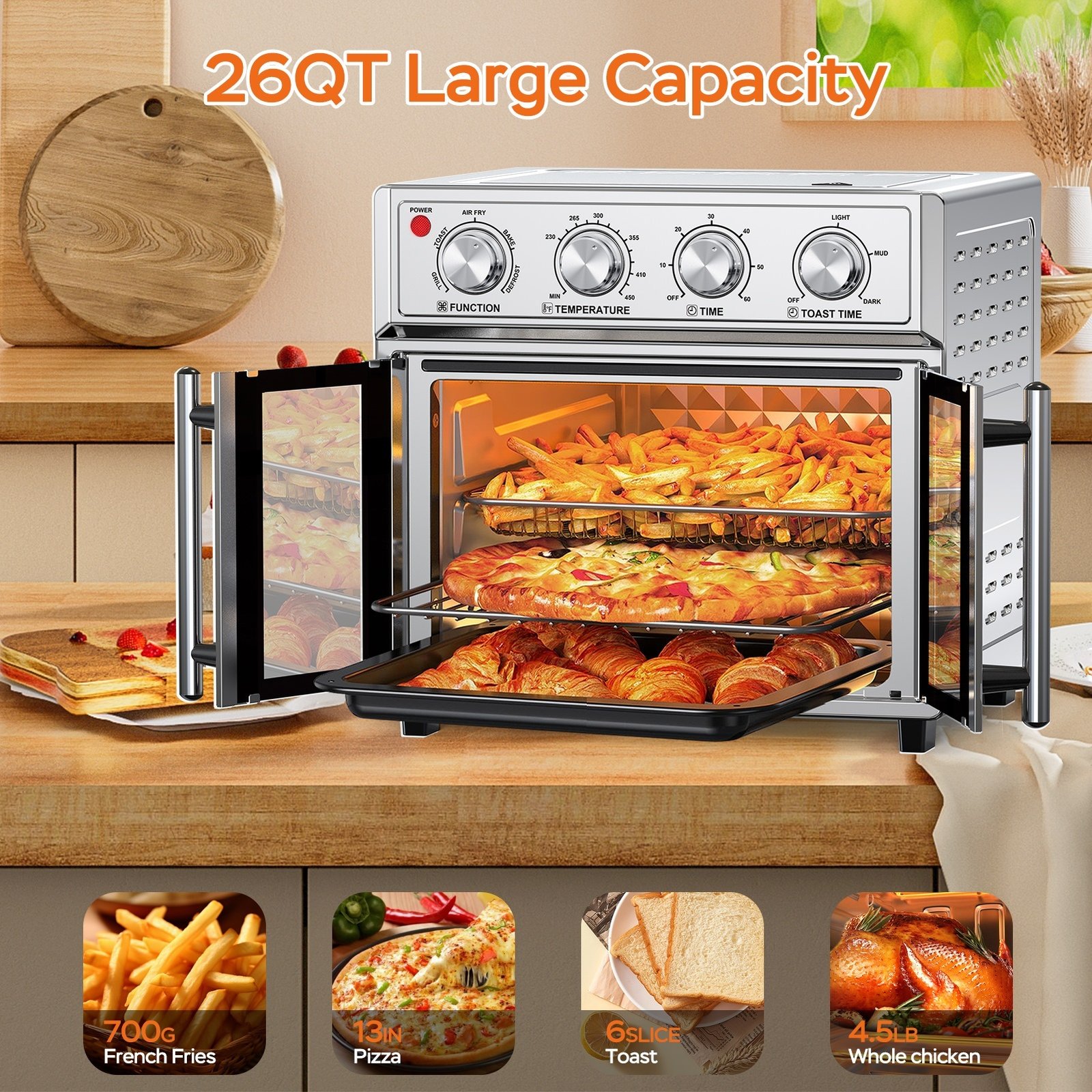 29.5 QT Air Fryer Convection Toaster Oven, French Door, 6 Slices, 1700W, Multifunction Oven, Air Fryer, Toast, Grill, Defrost, Bake, Time And Temperature Controls, Silver, Amazon Resale Prohibited - Image 9