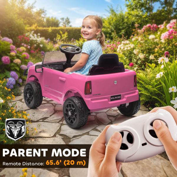 12V Kids Ride On Car, Licensed Dodge RAM 3500 Ride On Toys With Dual Motors, Remote Control For Toddlers, Pink - Image 2