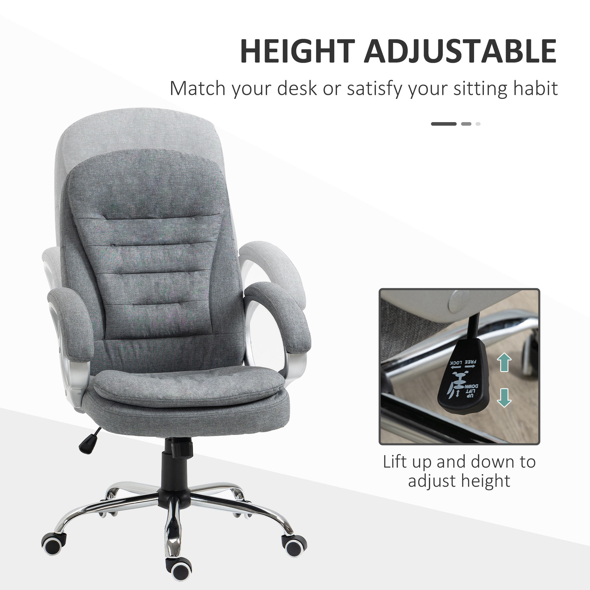 Vinsetto High Back Executive Home Office Chair Adjustable Height Upholstered Padding Gray - Image 5
