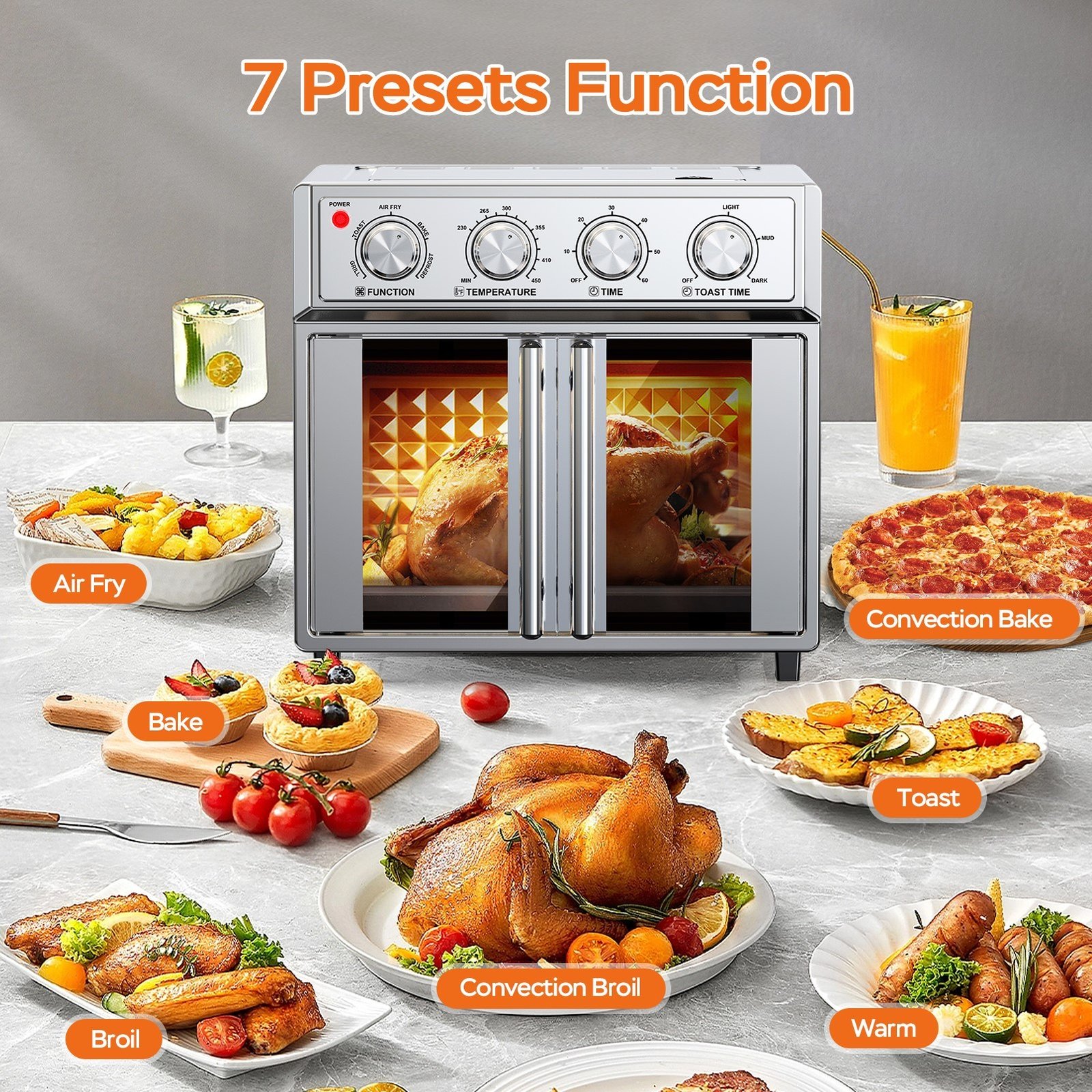 29.5 QT Air Fryer Convection Toaster Oven, French Door, 6 Slices, 1700W, Multifunction Oven, Air Fryer, Toast, Grill, Defrost, Bake, Time And Temperature Controls, Silver, Amazon Resale Prohibited - Image 3