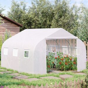 11.5X10X6.5 High Tunnel Greenhouse, With 6 Roll-up Windows, Zippered Door, PE Cover,Steel Frame, Walk-in Greenhouse, White