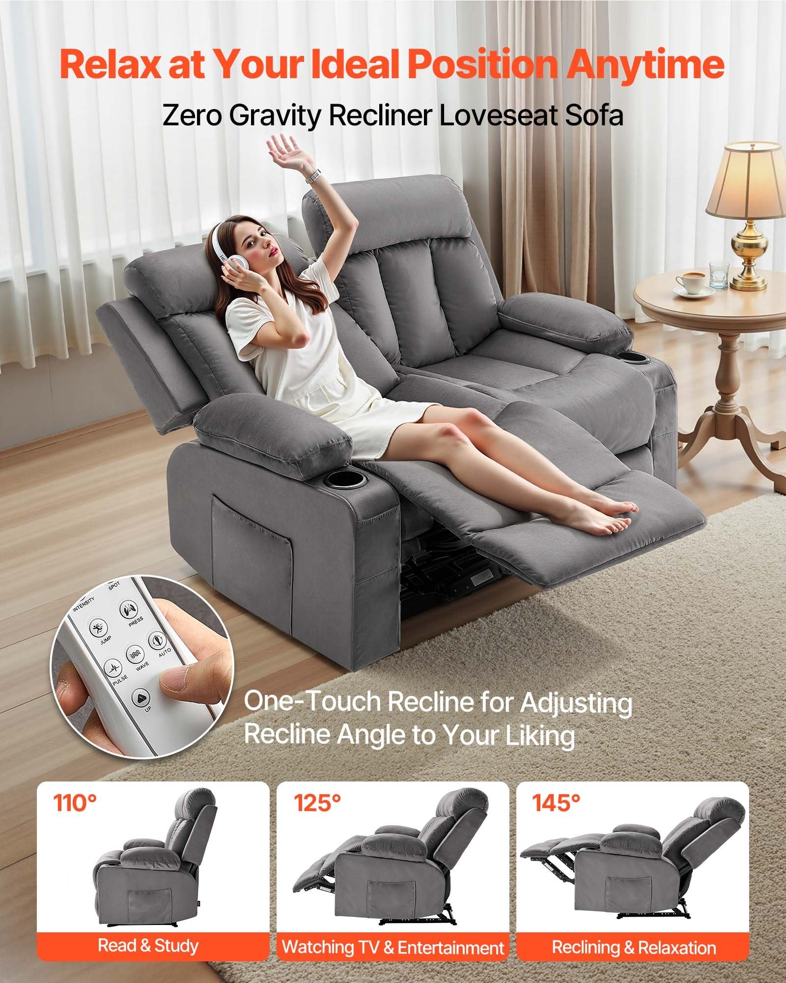 Loveseat Recliner Sofa, Power Reclining Couch With Heating And Massage, Soft Velvet Electric Recliner Sofa With USB Ports, Cup Holders AndSideBags, Dual Loveseat Chair For Living Room, Grey - Image 3