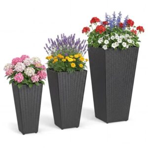 Set Of 3 PP Rattan Wicker Planters With Metal Frame & Inner Pots, Stackable Tall Plant Pots For Indoor Outdoor