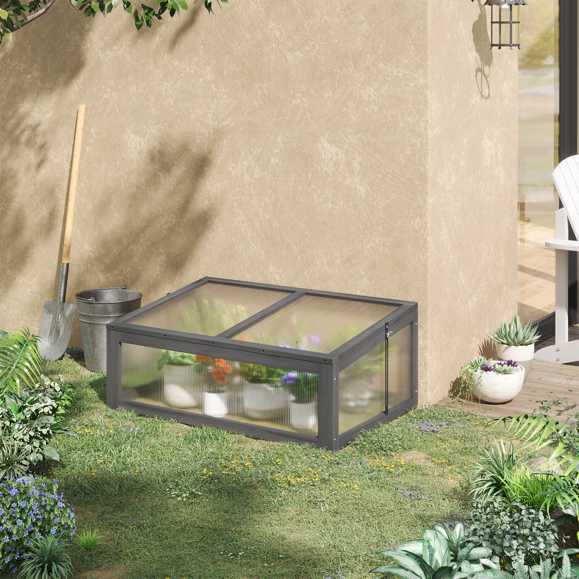 Wooden Cold Frame Greenhouse, Mini Greenhouse With Polycarbonate Board And Solid Wood Frame, Green House Cold Frame, Indoor Outdoor Terrarium Planter Box, 39" X 26" X 16", Gray