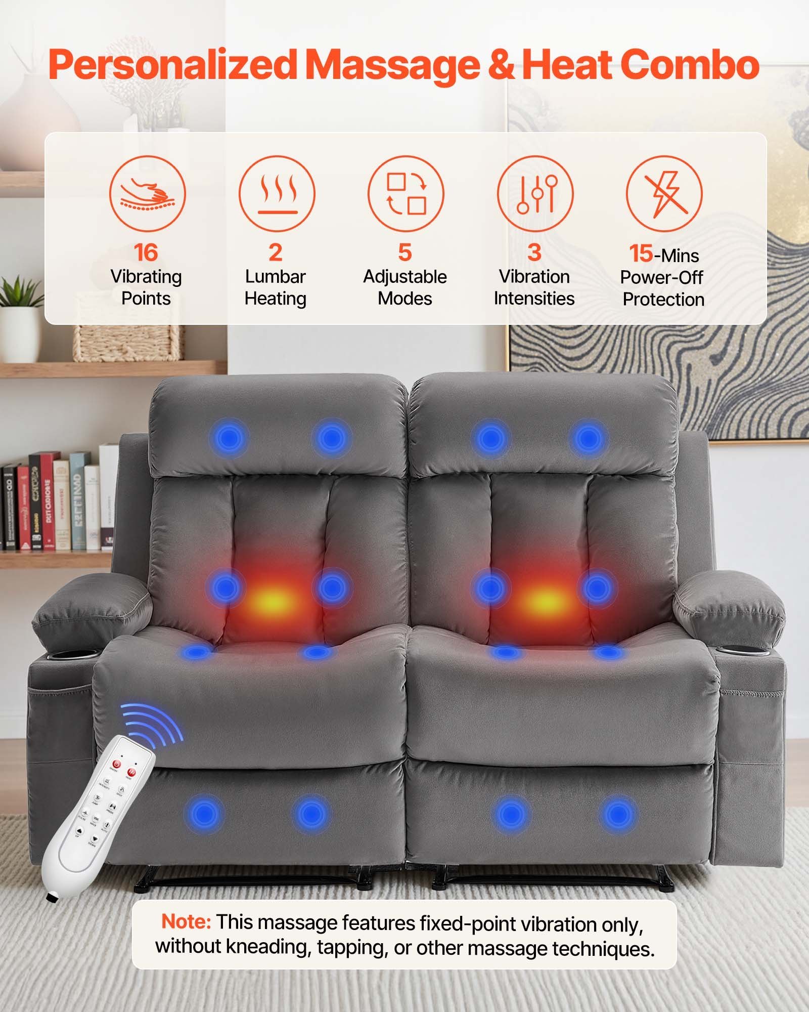 Loveseat Recliner Sofa, Power Reclining Couch With Heating And Massage, Soft Velvet Electric Recliner Sofa With USB Ports, Cup Holders AndSideBags, Dual Loveseat Chair For Living Room, Grey - Image 4
